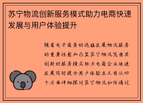 苏宁物流创新服务模式助力电商快速发展与用户体验提升