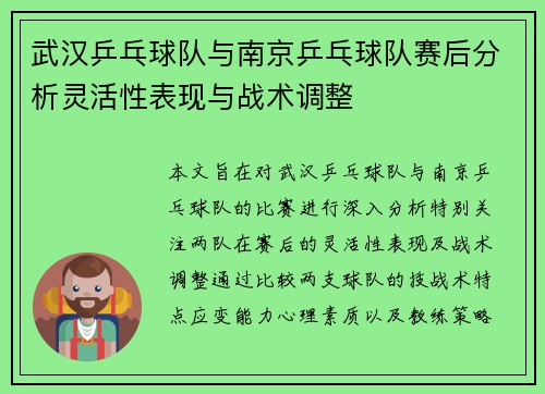 武汉乒乓球队与南京乒乓球队赛后分析灵活性表现与战术调整